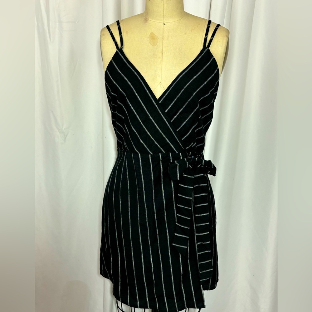 TOBI Black Striped Linen Wrap Dress Small NWT